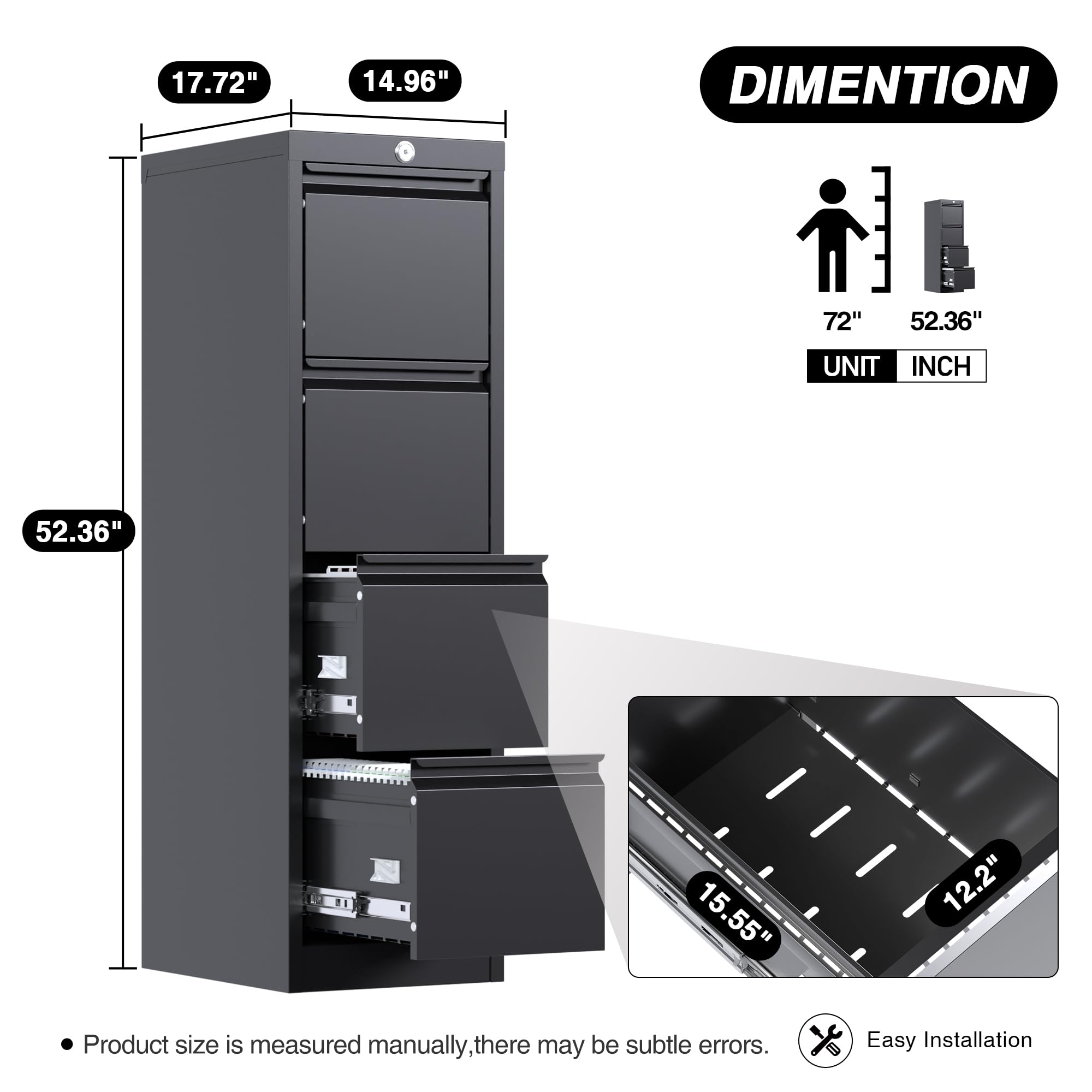 JAORD 4 Drawer File Cabinet with Lock, 17" Deep Narrow File Cabinet, Metal Vertical File Storage Cabinet for Home and Office, Need to Assemble (Black)