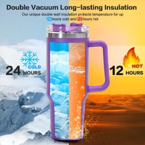 40 oz Tumbler With Handle and Straw Lid, Stainless Steel Insulated Tumblers Travel Mug, for Hot and Cold Beverages Thermos Travel Coffee Mug for Both Men and Women (Purple)