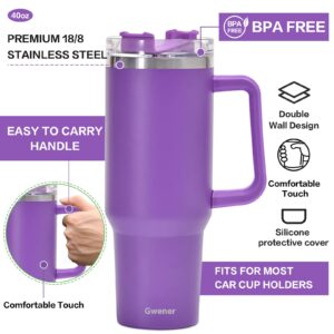 40 oz Tumbler With Handle and Straw Lid, Stainless Steel Insulated Tumblers Travel Mug, for Hot and Cold Beverages Thermos Travel Coffee Mug for Both Men and Women (Purple)