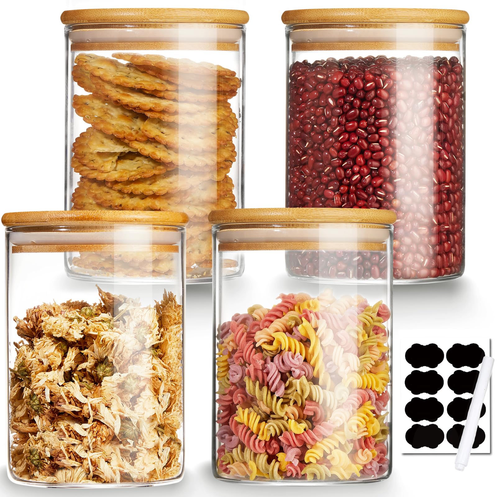 Mfacoy 4 Pack Glass Storage Jars with Airtight Bamboo Lid, 27 OZ Glass Canisters Set with Labels, Glass Food Storage Jar for Kitchen, Clear Container for Candy, Cookie, Coffee Beans, Snacks, Spices