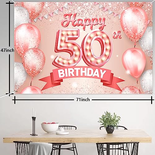 Happy 50th Birthday Rose Gold Banner Cheers to 50 Years Old Backdrop Confetti Balloons Theme Decor Decorations for Women 50 Years Old Pink Birthday Party Supplies Bday Background Favors Gift Glitter