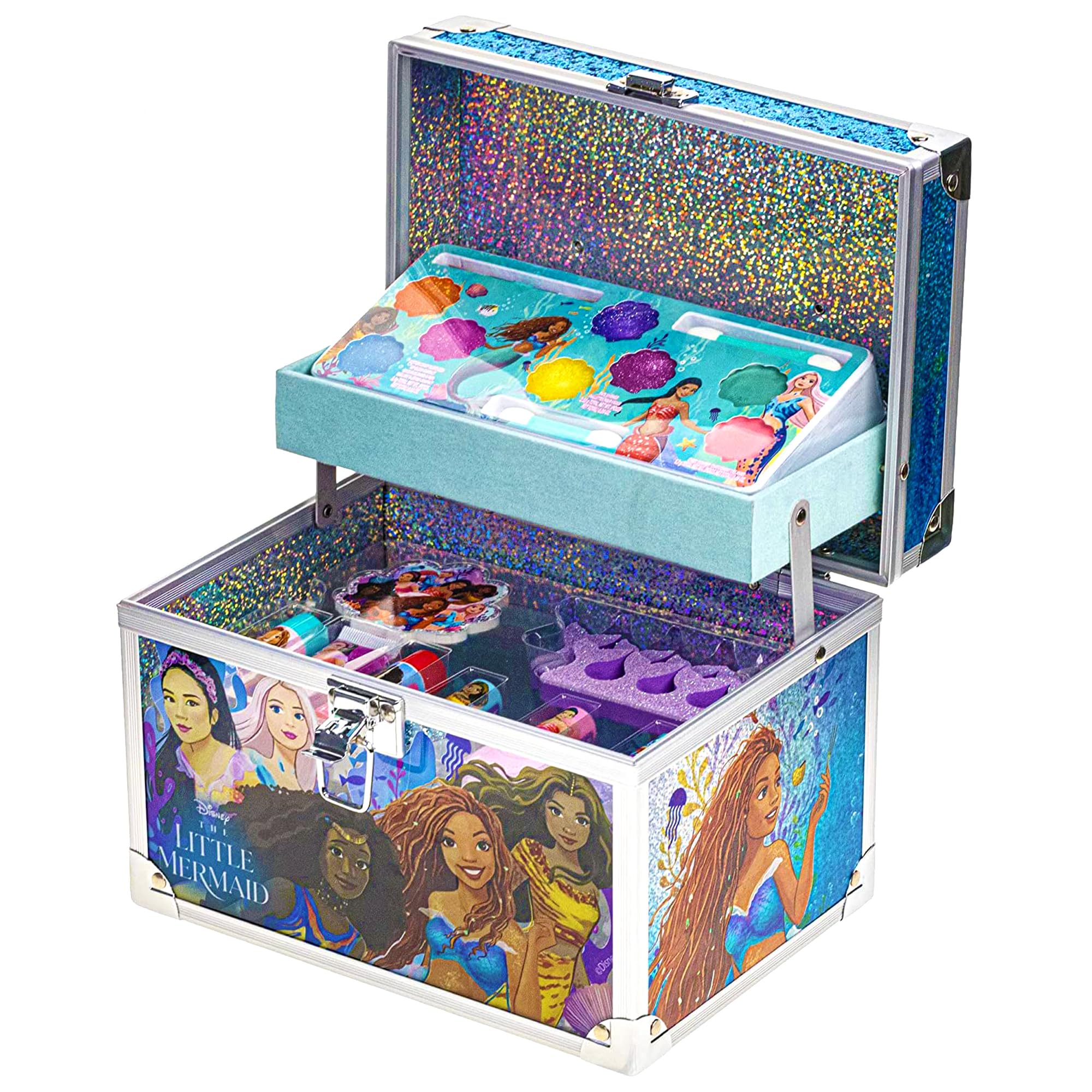 Little Mermaid Train Case Beauty Set, Kids Makeup Kit for Girls, Real Washable Toy Makeup Set, Play Makeup, Pretend Play, Party Favor, Birthday, Toys Ages 3 4 5 6 7 8 9 10 11 12