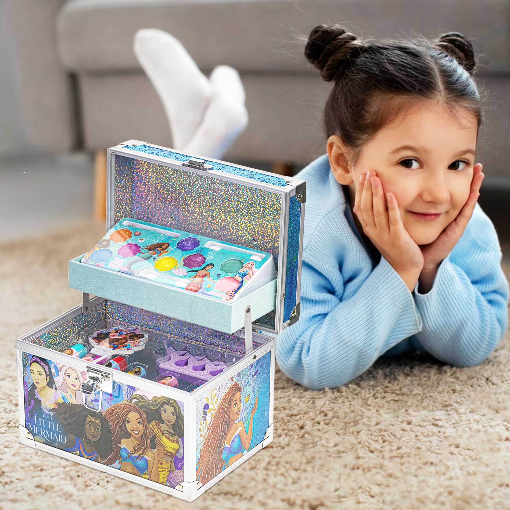 Little Mermaid Train Case Beauty Set, Kids Makeup Kit for Girls, Real Washable Toy Makeup Set, Play Makeup, Pretend Play, Party Favor, Birthday, Toys Ages 3 4 5 6 7 8 9 10 11 12