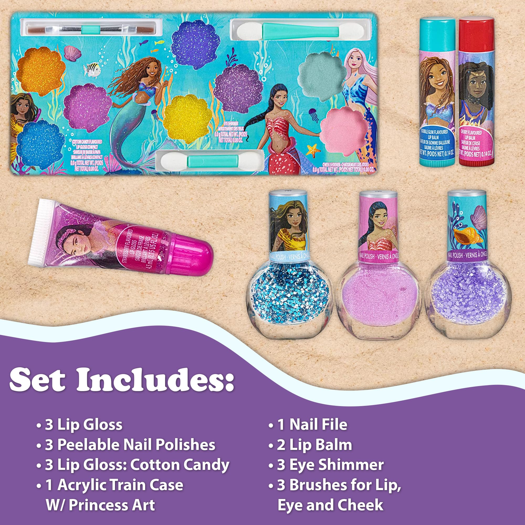 Little Mermaid Train Case Beauty Set, Kids Makeup Kit for Girls, Real Washable Toy Makeup Set, Play Makeup, Pretend Play, Party Favor, Birthday, Toys Ages 3 4 5 6 7 8 9 10 11 12