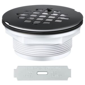 4-1/4" od shower drain assembly, snap in shower base drain and matte black round grid strainer cover, fits 2 in. schedule 40 abs and pvc pipes, stainless steel cap, abs drain base