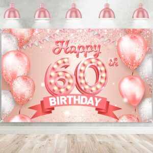 happy 60th birthday rose gold banner cheers to 60 years old backdrop confetti balloons theme decor decorations for women 60 years old pink birthday party supplies bday background favors gift glitter