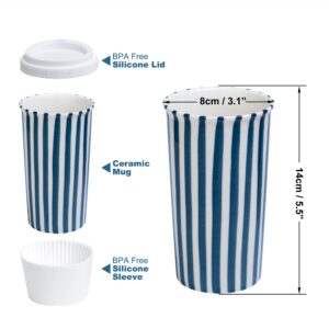 GIROFLIER Millie Ceramic Travel Mug, 12 oz, Blue, Reusable Coffee Cup with Lid, Microwave and Dishwasher Safe