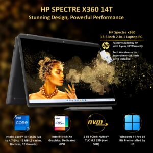 HP Spectre x360 14T Laptop i7-1255U, 16GB RAM, 2TB NVMe SSD, 13.5" WUXGA+ (1920x1280) 1000 nits Touchscreen, Tilt Pen, B&O, Wi-Fi 6E, Win 11 Pro, 64 GB TW Flashdrive