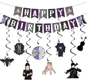 wednesday birthday decorations wednesday happy birthday banner with hanging swirls black and purple for kids birthday party decorations gothic birthday banner for wednesday party supplies