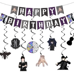 Wednesday Birthday Decorations Wednesday Happy Birthday Banner with Hanging Swirls Black and Purple for Kids Birthday Party Decorations Gothic Birthday Banner for Wednesday Party Supplies