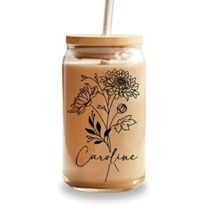 personalized name birth flower glass cup custom ice coffee bridesmaid gift her friend birthday mother's day bachelorette party aesthetic boho floral beer can tumbler bamboo lid straw