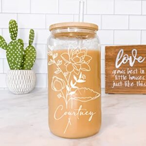 Personalized Name Birth Flower Glass Cup Custom Ice Coffee Bridesmaid Gift Her Friend Birthday Mother's Day Bachelorette Party Aesthetic Boho Floral Beer Can Tumbler Bamboo Lid Straw