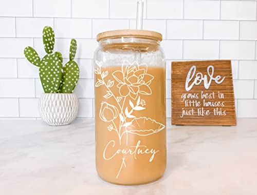 Personalized Name Birth Flower Glass Cup Custom Ice Coffee Bridesmaid Gift Her Friend Birthday Mother's Day Bachelorette Party Aesthetic Boho Floral Beer Can Tumbler Bamboo Lid Straw