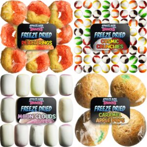 freeze dried candy variety pack - small sample pack with 4 kinds of freeze dried candy - freeze dried cosmic crunchies, peach rings, moon clouds and caramel apple comets shipped in box for protection