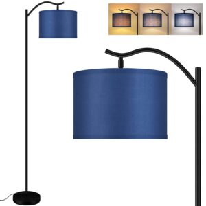 floor lamp for living room,led arched floor lamp,tall modern standing lamp with linen shade,3 brightness levels,e26 socket, footswitch,montage mid century floor lamp for bedrooms,office (blue)