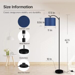 Floor Lamp for Living Room,LED Arched Floor Lamp,Tall Modern Standing Lamp with Linen Shade,3 Brightness Levels,E26 Socket, Footswitch,Montage Mid Century Floor Lamp for Bedrooms,Office (Blue)