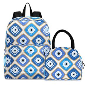 foliosa kid's backpack lunch bag set square evil eye print， large capacity insulated scratch-resistant backpack with lunch kit for school work suits for 6+ years teenager boys girls