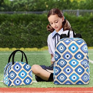 FOLIOSA Kid's Backpack Lunch Bag Set Square Evil Eye Print， Large Capacity Insulated Scratch-Resistant Backpack with Lunch Kit for School Work Suits for 6+ Years Teenager Boys Girls