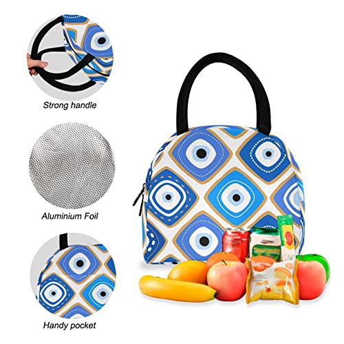 FOLIOSA Kid's Backpack Lunch Bag Set Square Evil Eye Print， Large Capacity Insulated Scratch-Resistant Backpack with Lunch Kit for School Work Suits for 6+ Years Teenager Boys Girls