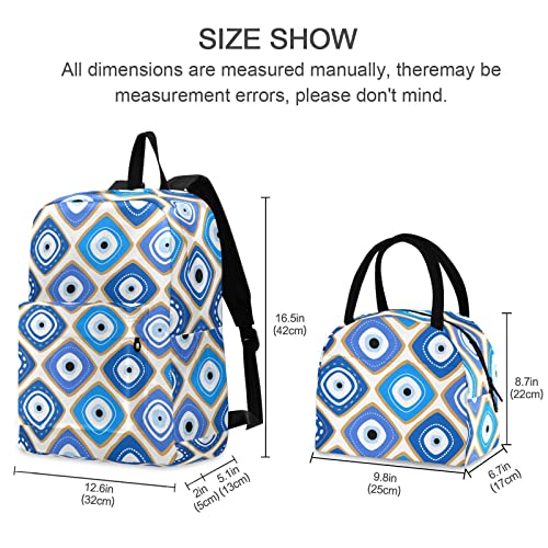 FOLIOSA Kid's Backpack Lunch Bag Set Square Evil Eye Print， Large Capacity Insulated Scratch-Resistant Backpack with Lunch Kit for School Work Suits for 6+ Years Teenager Boys Girls