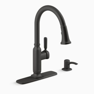 kohler ealing k-r28703-sd-bl single handle pull-down kitchen faucet with soap/lotion dispenser and deck plate matte black