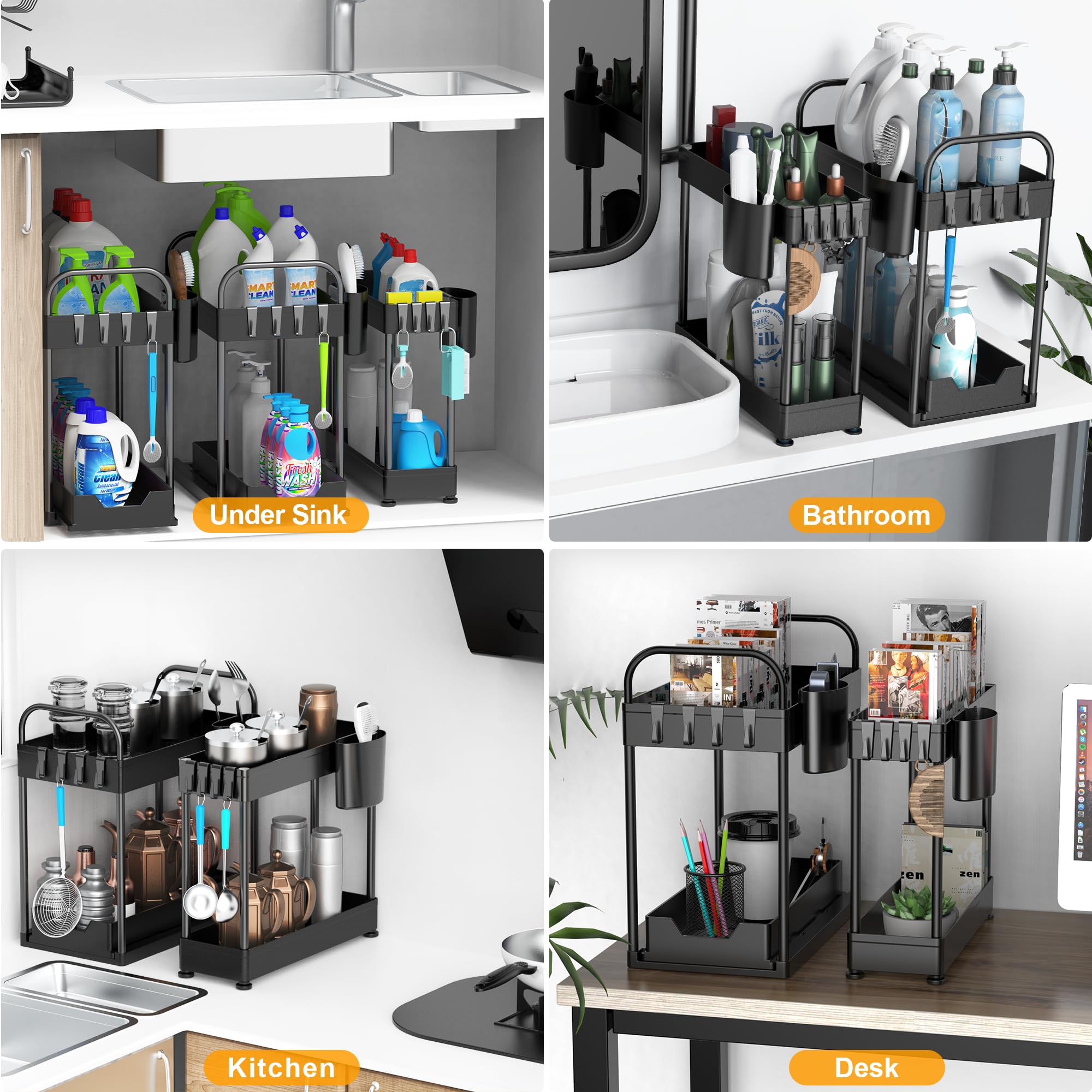 Weenkilly 3 Pack Under Sink Organizer, 2 Tier Sliding Kitchen Cabinet Organizer, Kitchen Sink Organizer with Hooks, Hanging Cups, Handles, Multifunction Bathroom Organizer Kitchen Storage