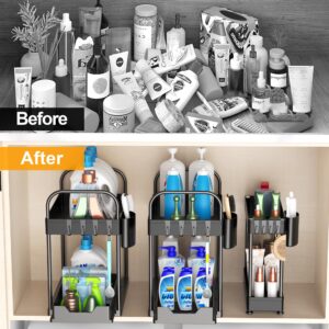 Weenkilly 3 Pack Under Sink Organizer, 2 Tier Sliding Kitchen Cabinet Organizer, Kitchen Sink Organizer with Hooks, Hanging Cups, Handles, Multifunction Bathroom Organizer Kitchen Storage