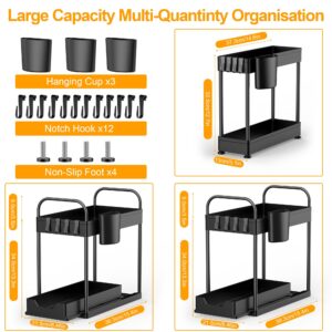 Weenkilly 3 Pack Under Sink Organizer, 2 Tier Sliding Kitchen Cabinet Organizer, Kitchen Sink Organizer with Hooks, Hanging Cups, Handles, Multifunction Bathroom Organizer Kitchen Storage