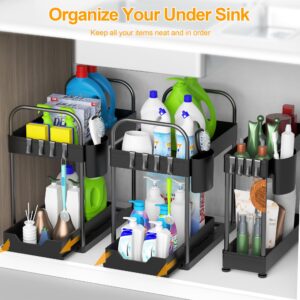 Weenkilly 3 Pack Under Sink Organizer, 2 Tier Sliding Kitchen Cabinet Organizer, Kitchen Sink Organizer with Hooks, Hanging Cups, Handles, Multifunction Bathroom Organizer Kitchen Storage