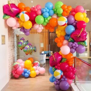 Enanal Tropical Hawaiian Balloon Garland Arch Kit, 148pcs Hot Pink Orange Rainbow Balloons with Flower Foil Balloons Beach Balls for Summer Party Birthday Hawaiian Luau Pool Party Decorations