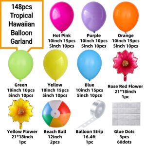 Enanal Tropical Hawaiian Balloon Garland Arch Kit, 148pcs Hot Pink Orange Rainbow Balloons with Flower Foil Balloons Beach Balls for Summer Party Birthday Hawaiian Luau Pool Party Decorations