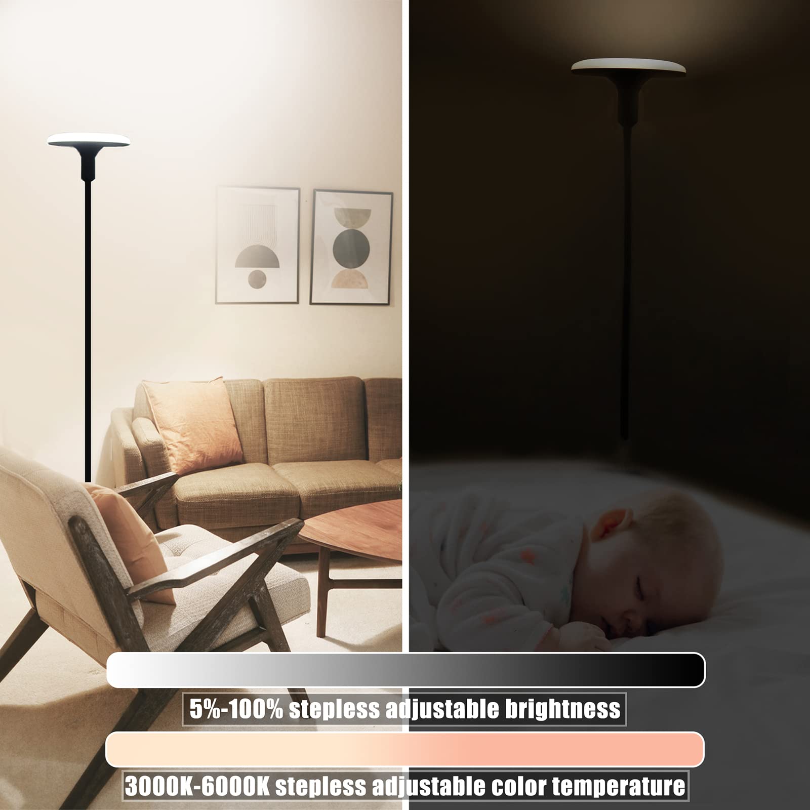 LOIWON Led Floor Lamp, Bright Sky Torchiere Floor Lamps with Adjustable Gooseneck, Dimmable Floor Reading Lamp with Remote Control, Modern Tall Standing Lamp for Living Room, Bedroom and Office