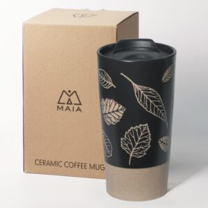 maia tumbler travel coffee mugs coffee cups with lids ceramic portable 12oz coffee tumblers with lids tea cup mug for coffee travel mug insulated coffee mug double-walled with leaf white gift