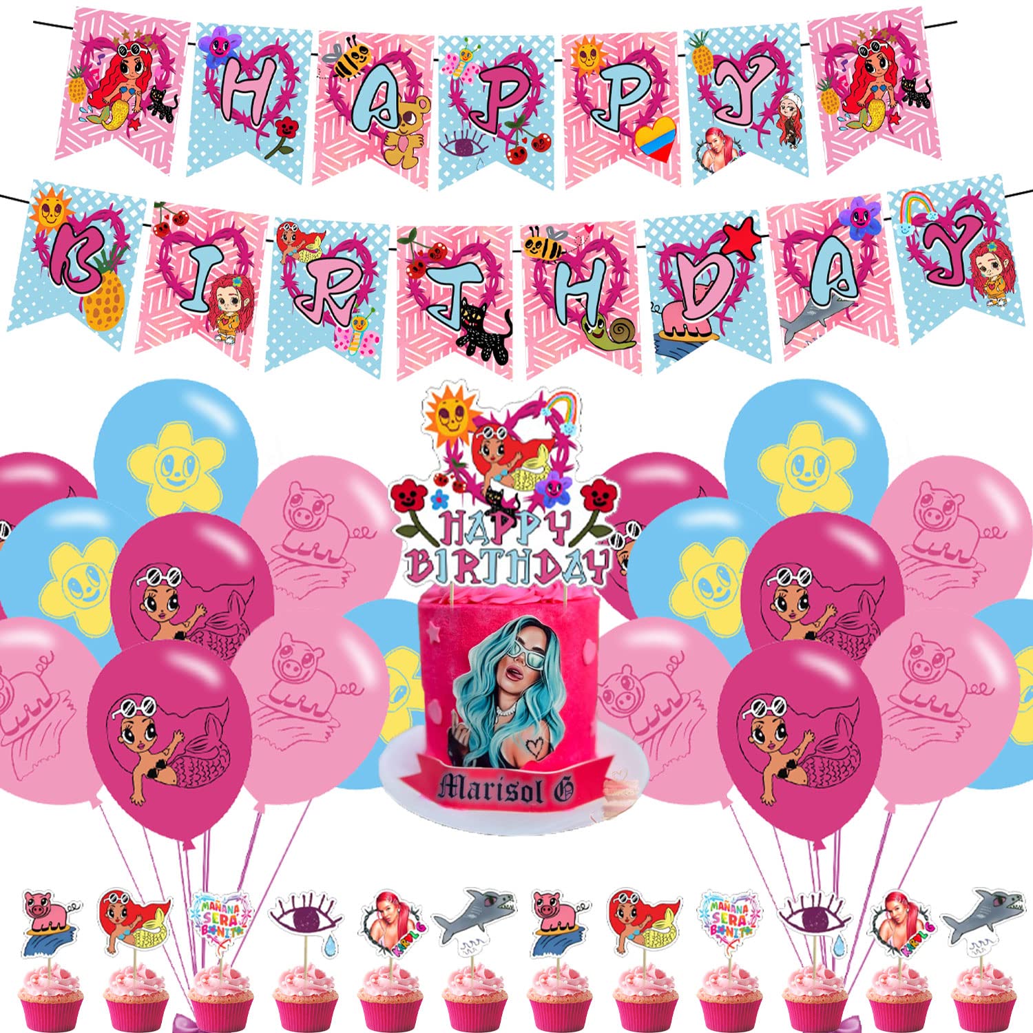 32Pcs Manana Birthday Party Decorations,Party Supply Set for Kids with 1 Happy Birthday Banner Garland , 13 Cupcake Toppers,18 Balloons for Karol G Party Supplies