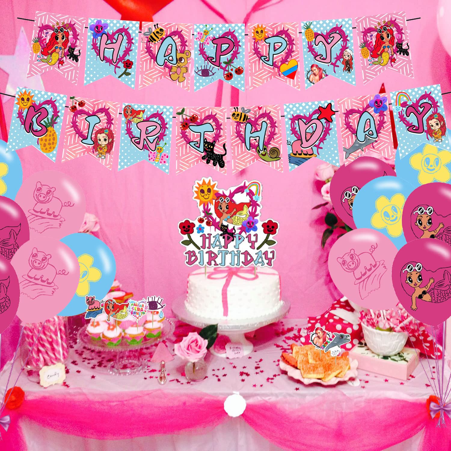 32Pcs Manana Birthday Party Decorations,Party Supply Set for Kids with 1 Happy Birthday Banner Garland , 13 Cupcake Toppers,18 Balloons for Karol G Party Supplies