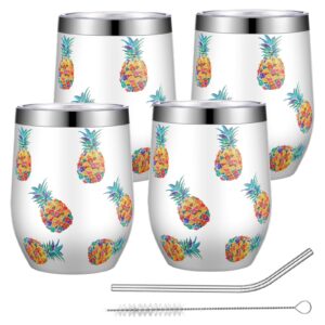 ferraycle 4 pieces pineapple tumbler pineapple gifts for women pineapple wine tumbler with lid 12oz stainless steel vacuum insulated wine tumbler pineapple tropical travel tumbler