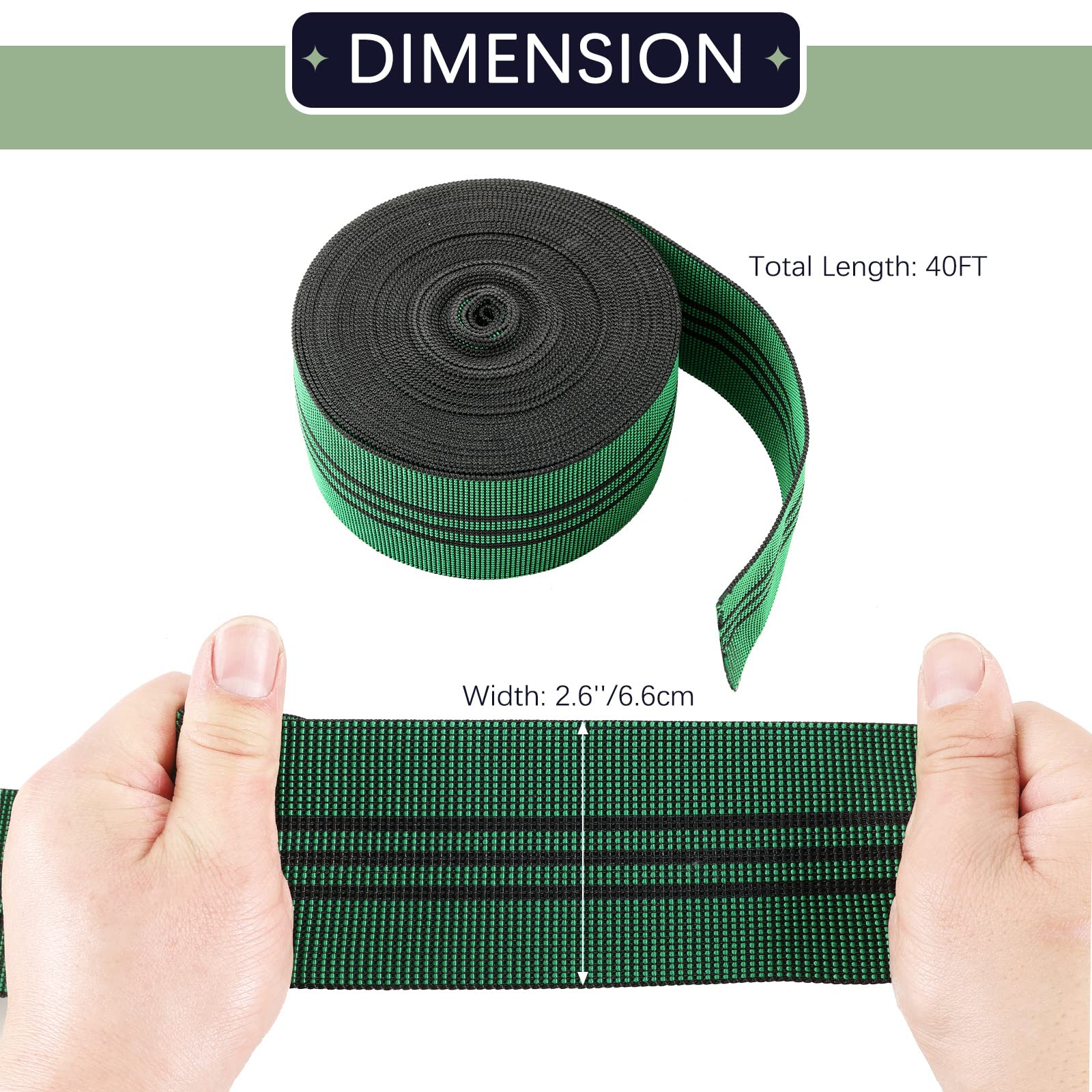 NATGAI Sofa Elastic Webbing, 40ft x 2.6inch Chair Webbing, Stretch Latex Band for Furniture Repair DIY, Upholstery Webbing Material Replacement, Stretchy Spring Alternative (3 Stripes)