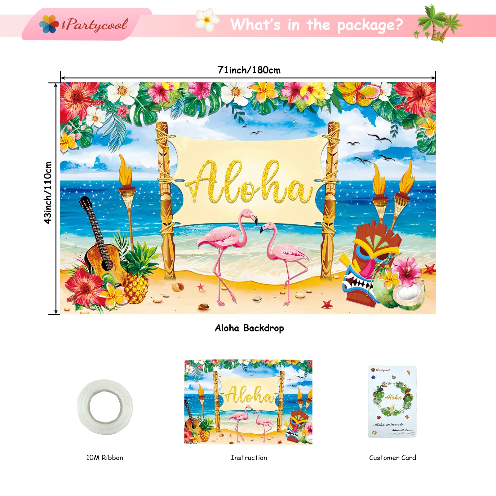 Upgraded, Hawaiian Luau Party Decorations, Aloha Luau Backdrop Summer Beach Banner Background Photography Supplies for Birthday Musical Party Baby Shower Tropical Tiki Themed Decoration 72"x44"