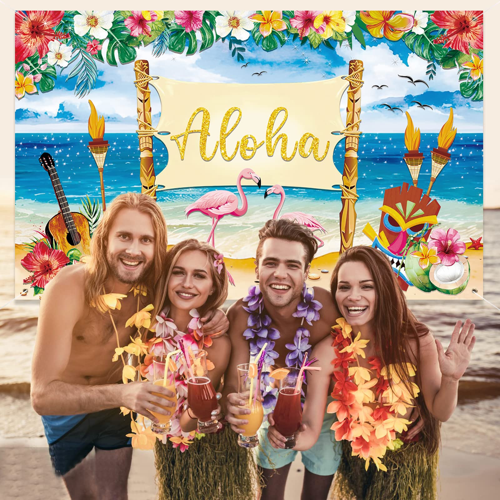 Upgraded, Hawaiian Luau Party Decorations, Aloha Luau Backdrop Summer Beach Banner Background Photography Supplies for Birthday Musical Party Baby Shower Tropical Tiki Themed Decoration 72"x44"