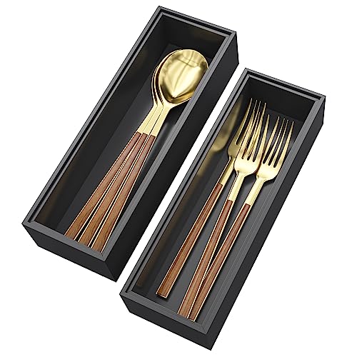 VeyFey Bamboo Drawer Organizer Kitchen Organization Set of 2 Silverware Storage Utensil Stackable Wooden Tray Small Wood Box 9" x 3" x 2"(Black)