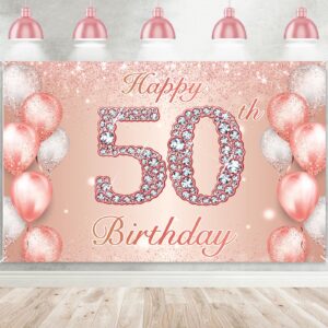 happy 50th birthday rose gold banner cheers to 50 years old backdrop confetti balloons theme decor for women 50 years old pink birthday party decorations bday supplies background favors gift glitter