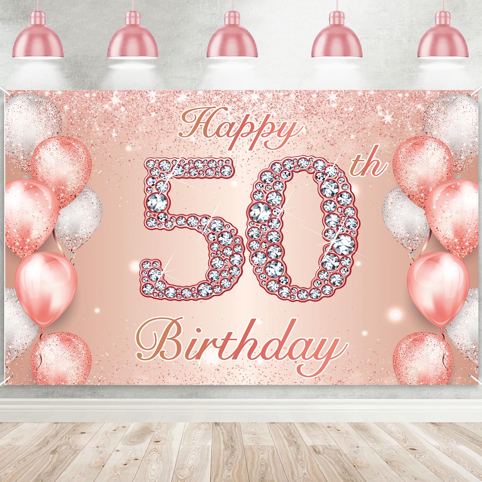 Happy 50th Birthday Rose Gold Banner Cheers to 50 Years Old Backdrop Confetti Balloons Theme Decor for Women 50 Years Old Pink Birthday Party Decorations Bday Supplies Background Favors Gift Glitter