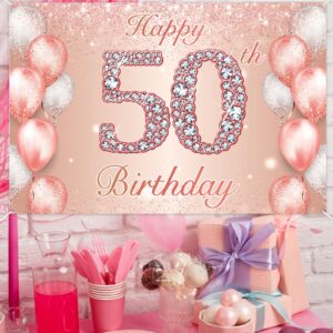 Happy 50th Birthday Rose Gold Banner Cheers to 50 Years Old Backdrop Confetti Balloons Theme Decor for Women 50 Years Old Pink Birthday Party Decorations Bday Supplies Background Favors Gift Glitter