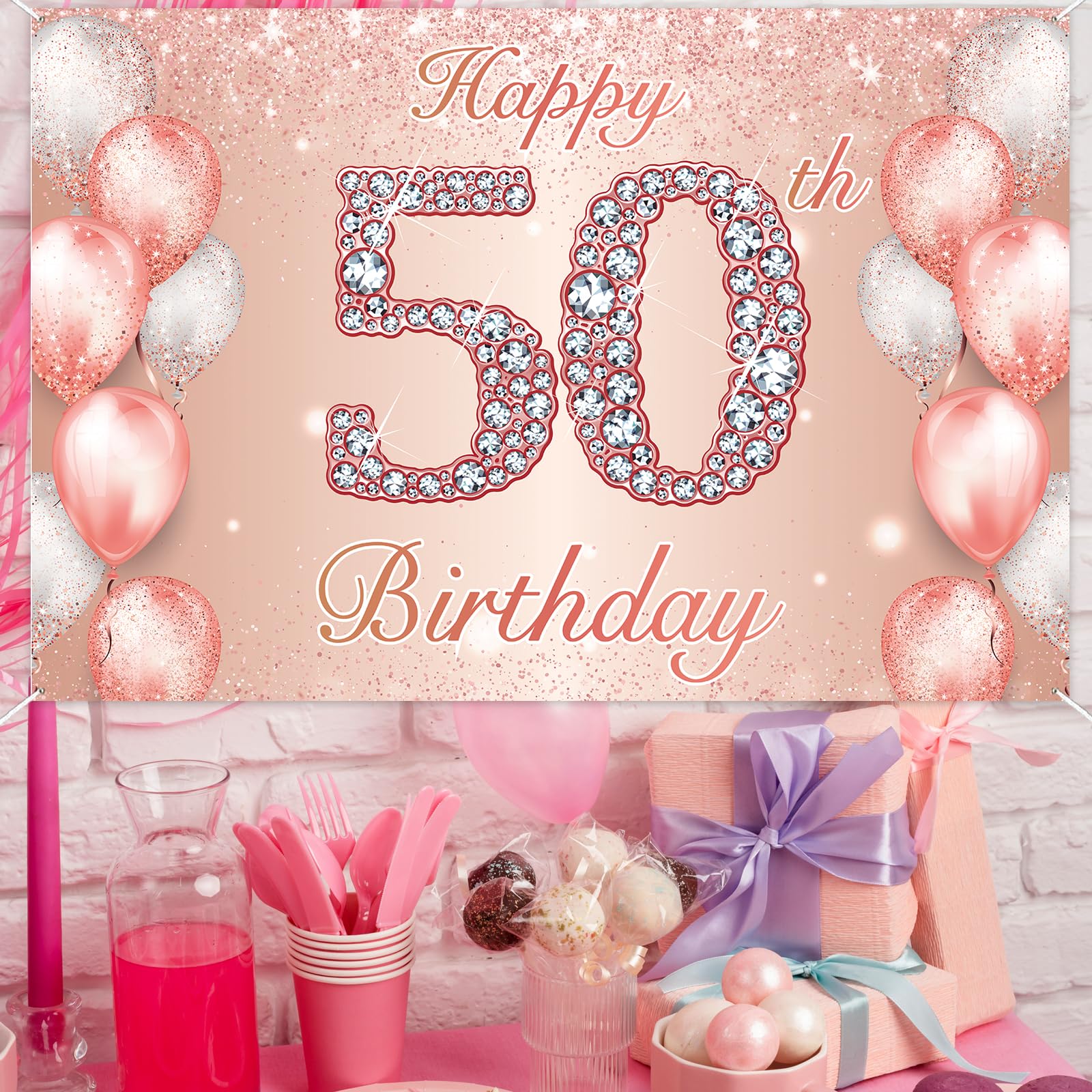 Happy 50th Birthday Rose Gold Banner Cheers to 50 Years Old Backdrop Confetti Balloons Theme Decor for Women 50 Years Old Pink Birthday Party Decorations Bday Supplies Background Favors Gift Glitter