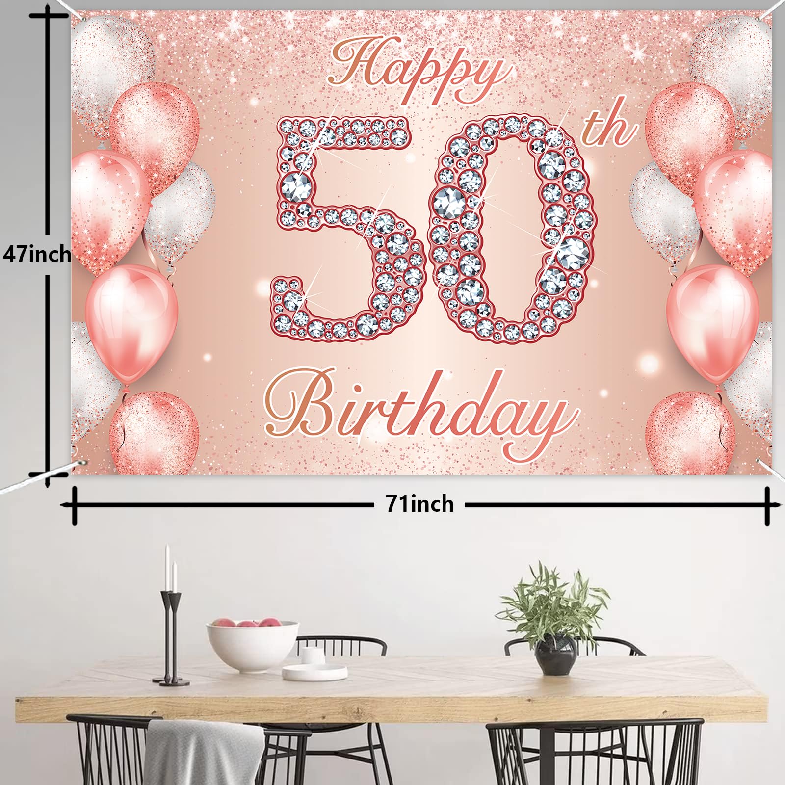 Happy 50th Birthday Rose Gold Banner Cheers to 50 Years Old Backdrop Confetti Balloons Theme Decor for Women 50 Years Old Pink Birthday Party Decorations Bday Supplies Background Favors Gift Glitter