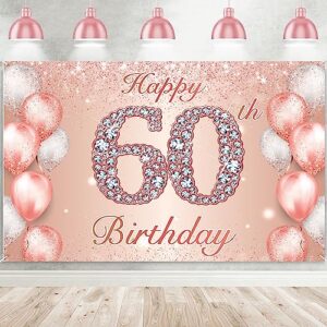 happy 60th birthday rose gold banner cheers to 60 years old backdrop confetti balloons theme decor for women 60 years old pink birthday party decorations bday supplies background favors gift glitter