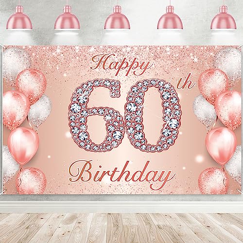 Happy 60th Birthday Rose Gold Banner Cheers to 60 Years Old Backdrop Confetti Balloons Theme Decor for Women 60 Years Old Pink Birthday Party Decorations Bday Supplies Background Favors Gift Glitter