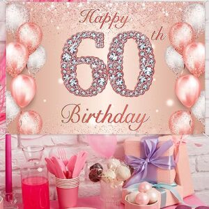 Happy 60th Birthday Rose Gold Banner Cheers to 60 Years Old Backdrop Confetti Balloons Theme Decor for Women 60 Years Old Pink Birthday Party Decorations Bday Supplies Background Favors Gift Glitter