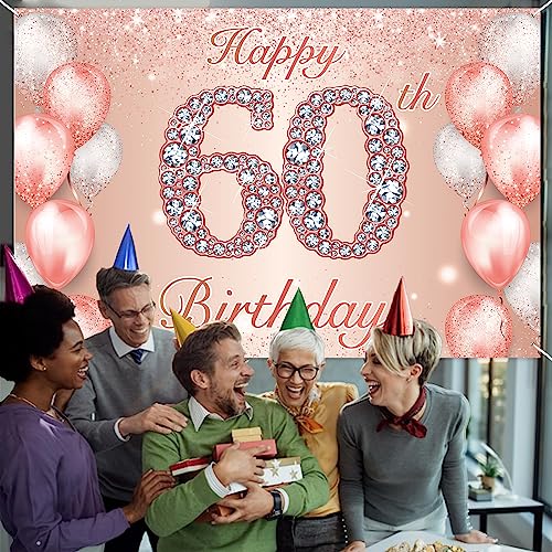 Happy 60th Birthday Rose Gold Banner Cheers to 60 Years Old Backdrop Confetti Balloons Theme Decor for Women 60 Years Old Pink Birthday Party Decorations Bday Supplies Background Favors Gift Glitter