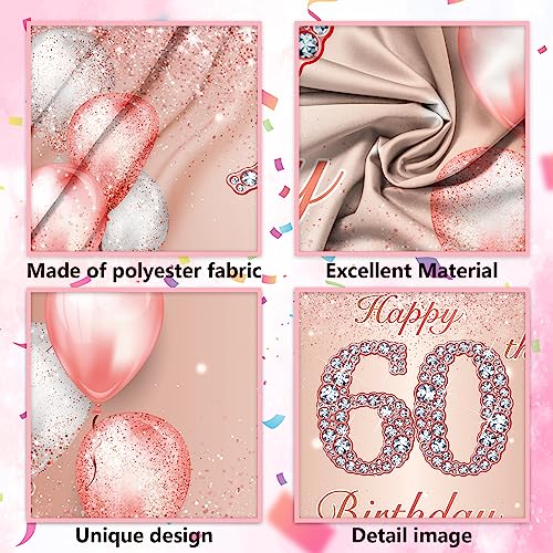 Happy 60th Birthday Rose Gold Banner Cheers to 60 Years Old Backdrop Confetti Balloons Theme Decor for Women 60 Years Old Pink Birthday Party Decorations Bday Supplies Background Favors Gift Glitter